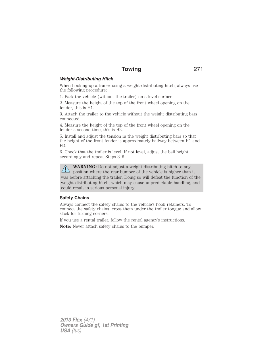 Weight-distributing hitch, Safety chains, Towing 271 | FORD 2013 Flex v.1 User Manual | Page 271 / 558