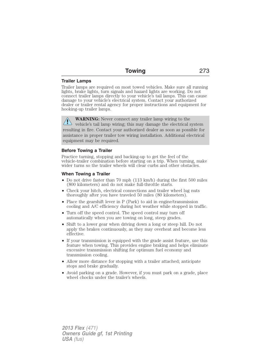 Trailer lamps, Before towing a trailer, When towing a trailer | Towing 273 | FORD 2013 Flex v.1 User Manual | Page 273 / 558