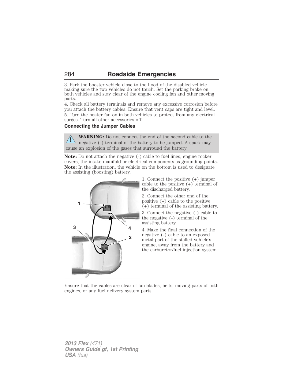 Connecting the jumper cables, 284 roadside emergencies | FORD 2013 Flex v.1 User Manual | Page 284 / 558