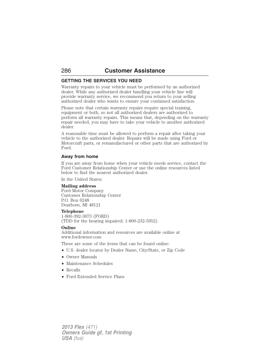 Customer assistance, Getting the services you need, Away from home | 286 customer assistance | FORD 2013 Flex v.1 User Manual | Page 286 / 558