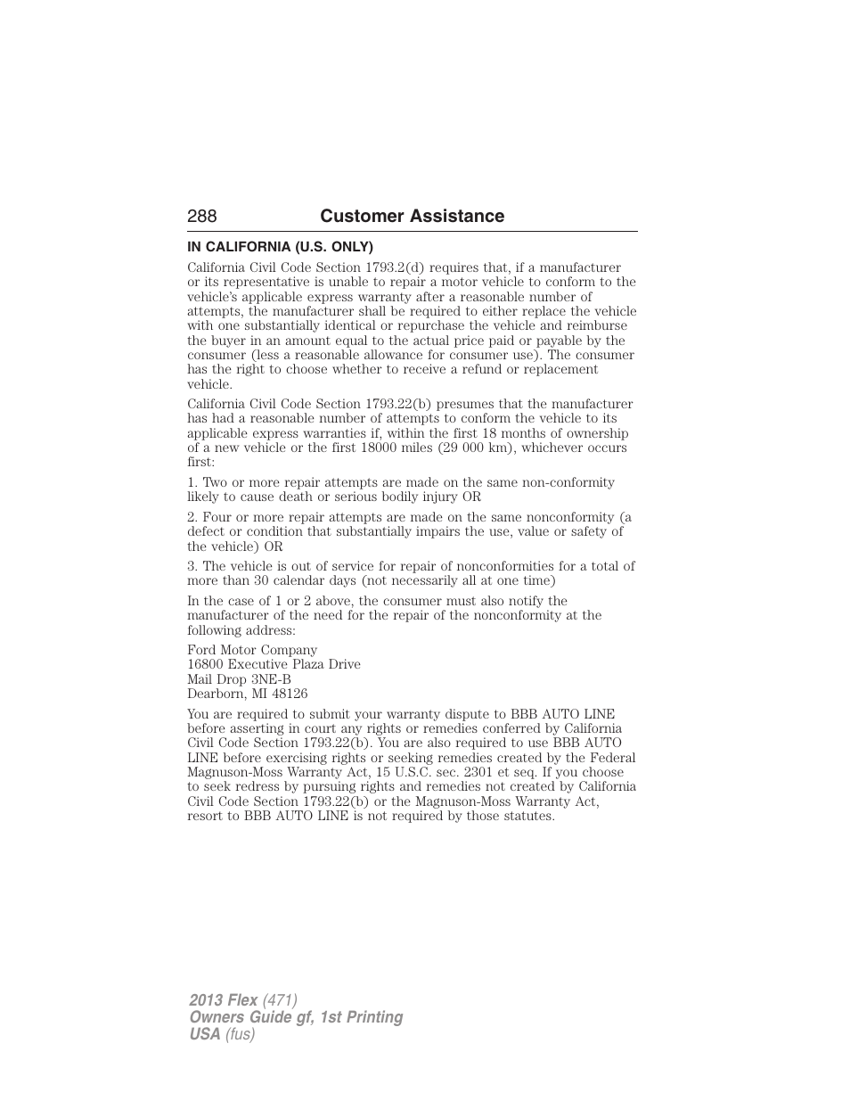 In california (u.s. only), 288 customer assistance | FORD 2013 Flex v.1 User Manual | Page 288 / 558