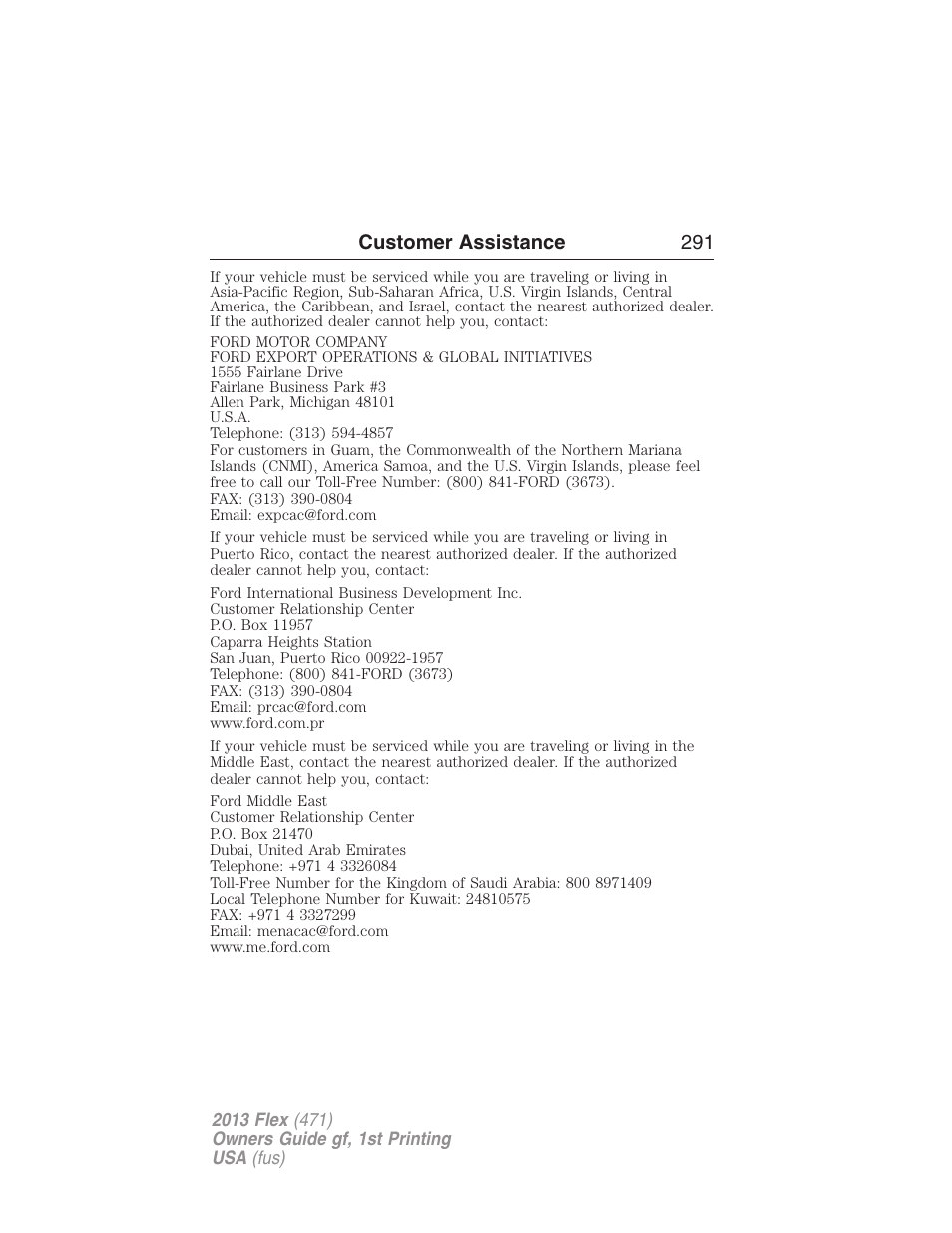 Customer assistance 291 | FORD 2013 Flex v.1 User Manual | Page 291 / 558