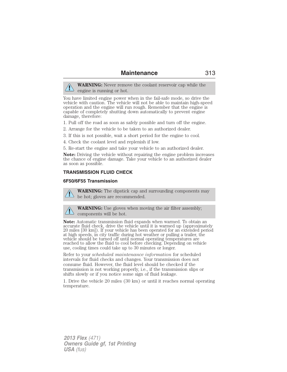 Transmission fluid check, 6f50/6f55 transmission, Automatic transmission fluid check | Maintenance 313 | FORD 2013 Flex v.1 User Manual | Page 313 / 558