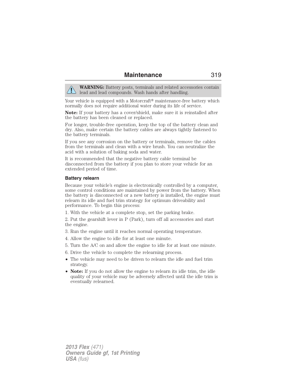 Battery relearn, Maintenance 319 | FORD 2013 Flex v.1 User Manual | Page 319 / 558