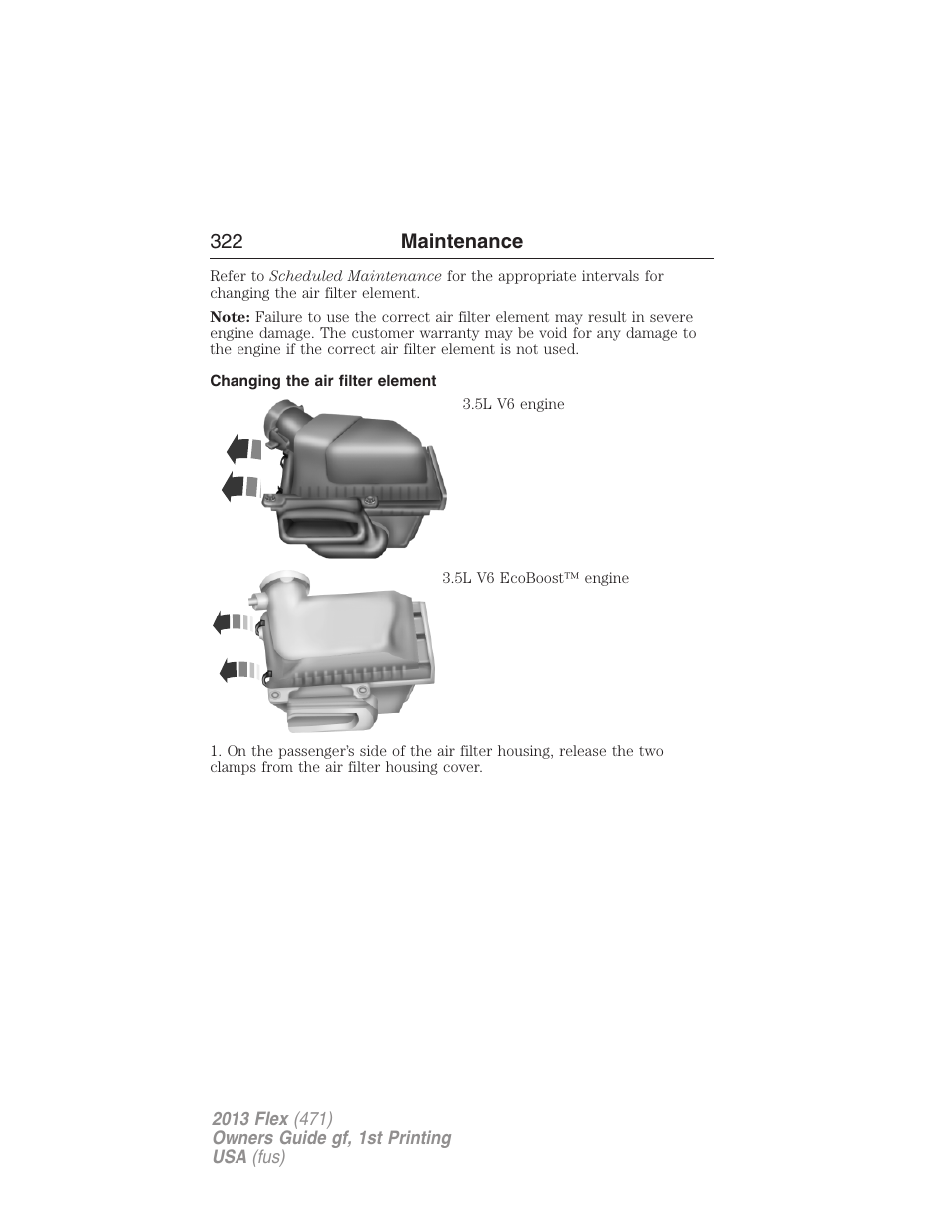 Changing the air filter element, 322 maintenance | FORD 2013 Flex v.1 User Manual | Page 322 / 558