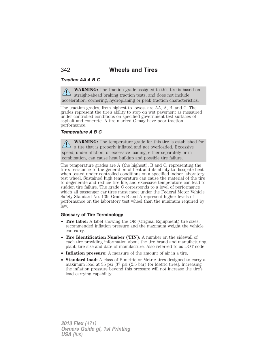 Traction aa a b c, Temperature a b c, Glossary of tire terminology | 342 wheels and tires | FORD 2013 Flex v.1 User Manual | Page 342 / 558