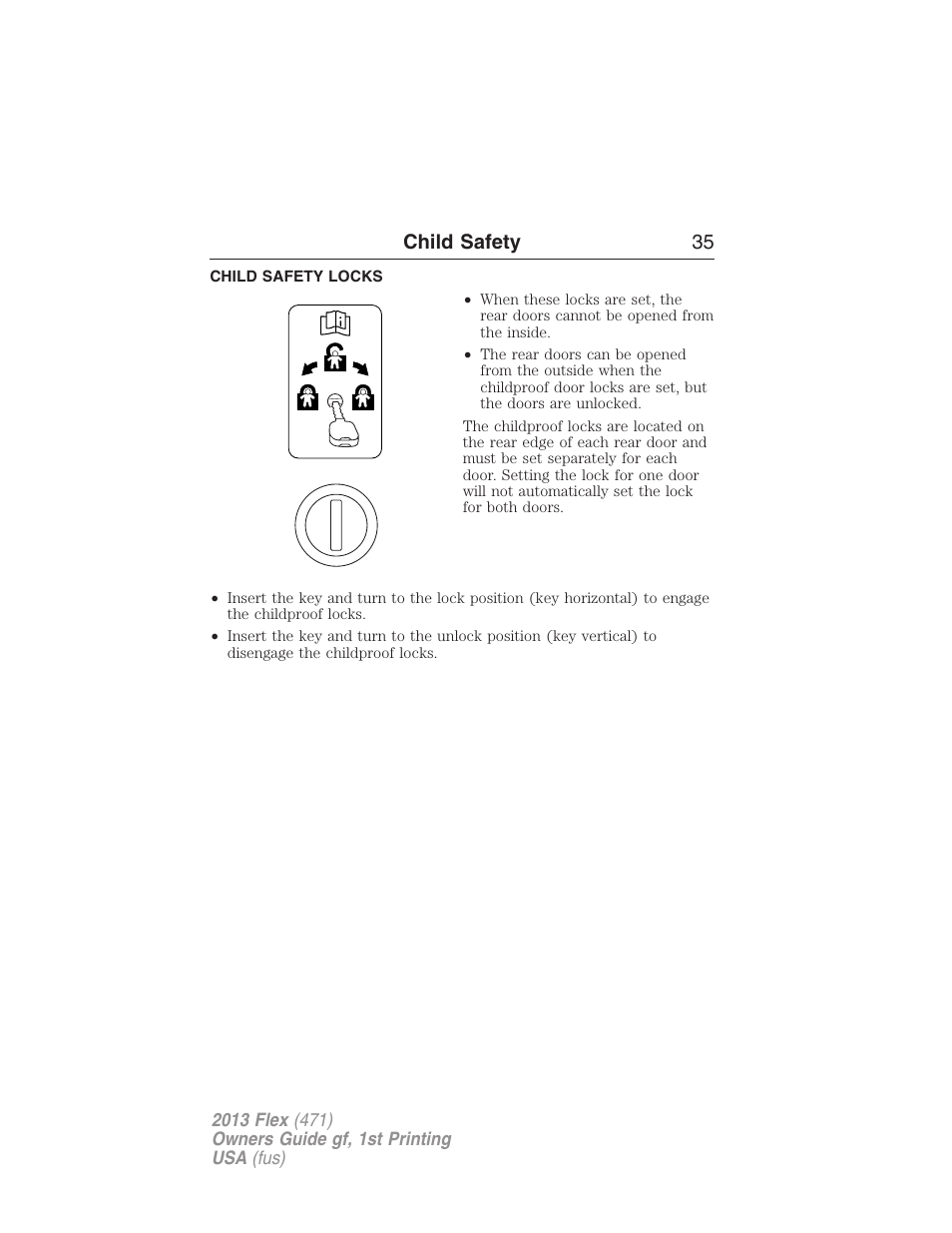 Child safety locks, Child safety 35 | FORD 2013 Flex v.1 User Manual | Page 35 / 558