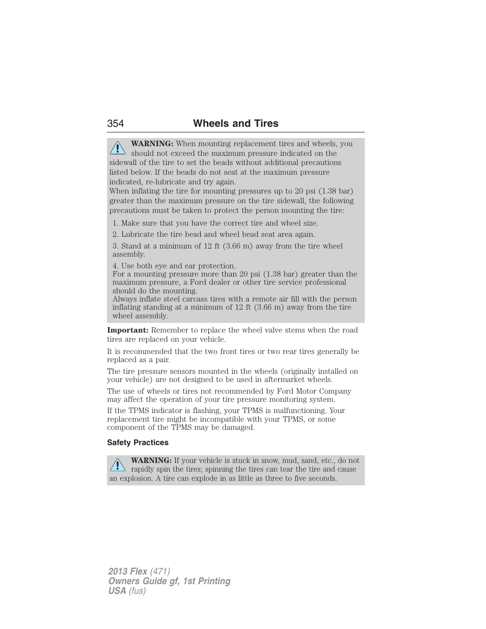 Safety practices, 354 wheels and tires | FORD 2013 Flex v.1 User Manual | Page 354 / 558