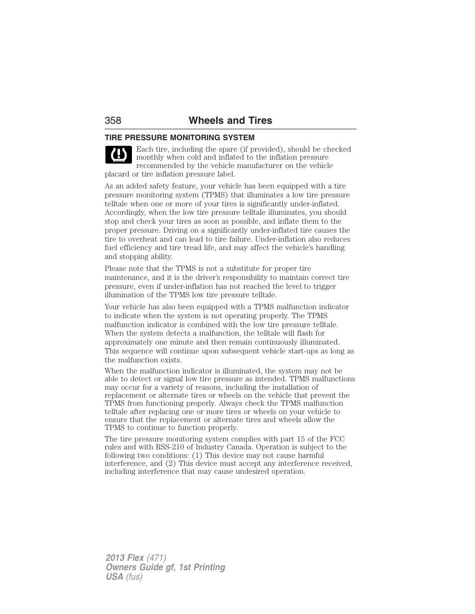 Tire pressure monitoring system, Tire pressure monitoring system (tpms), 358 wheels and tires | FORD 2013 Flex v.1 User Manual | Page 358 / 558