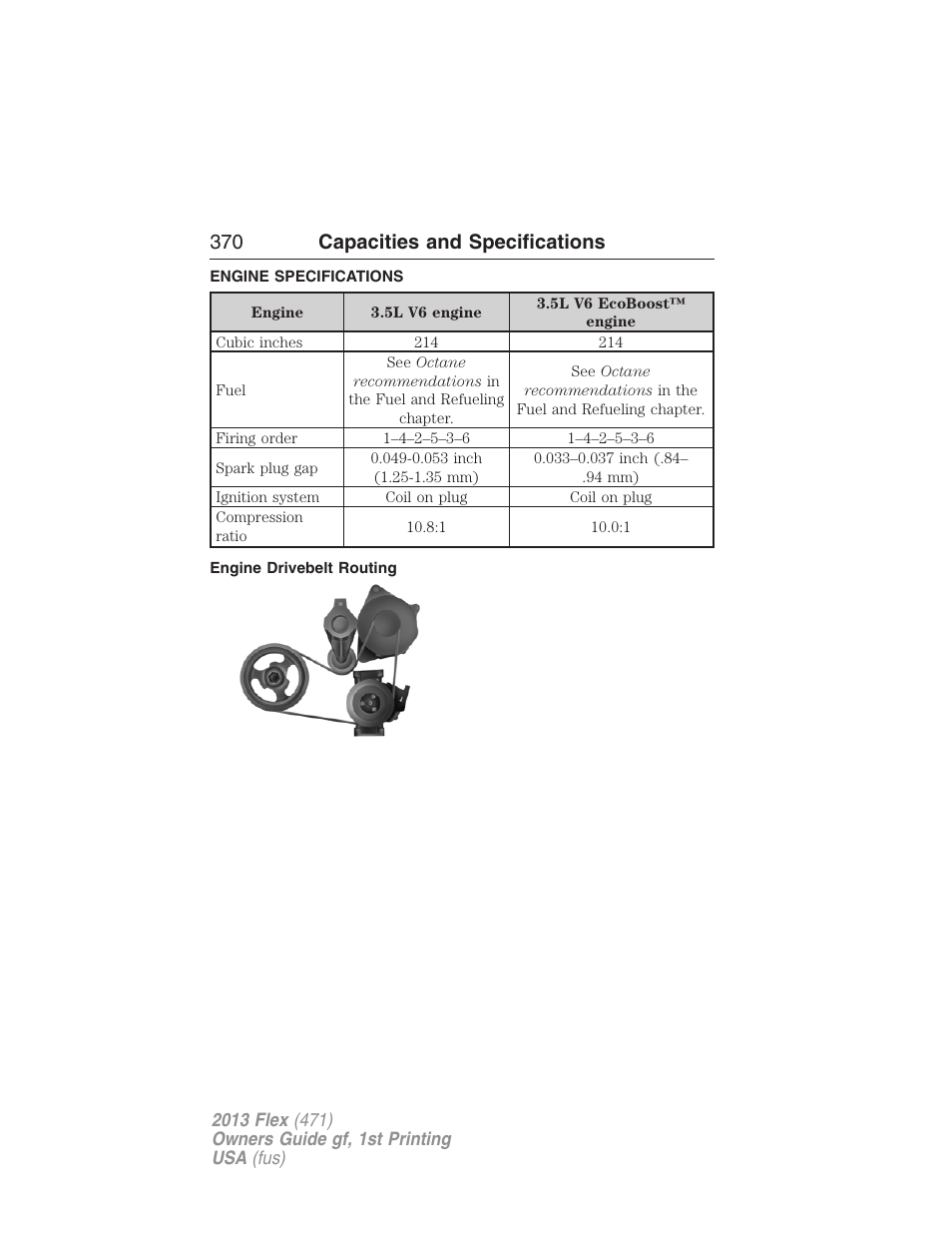 Capacities and specifications, Engine specifications, Engine drivebelt routing | 370 capacities and specifications | FORD 2013 Flex v.1 User Manual | Page 370 / 558