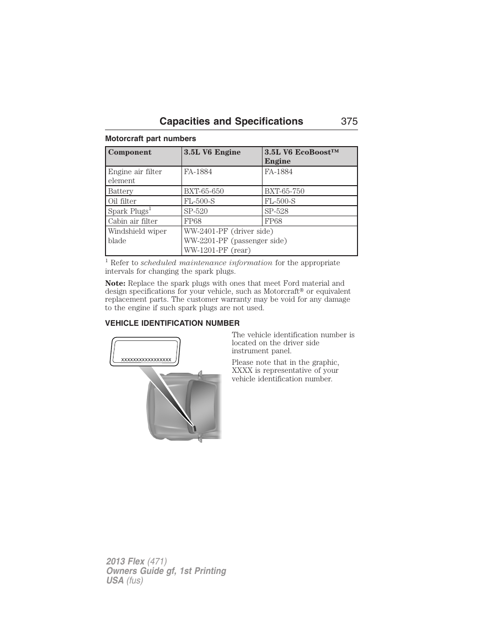 Motorcraft part numbers, Vehicle identification number, Part numbers | Capacities and specifications 375 | FORD 2013 Flex v.1 User Manual | Page 375 / 558