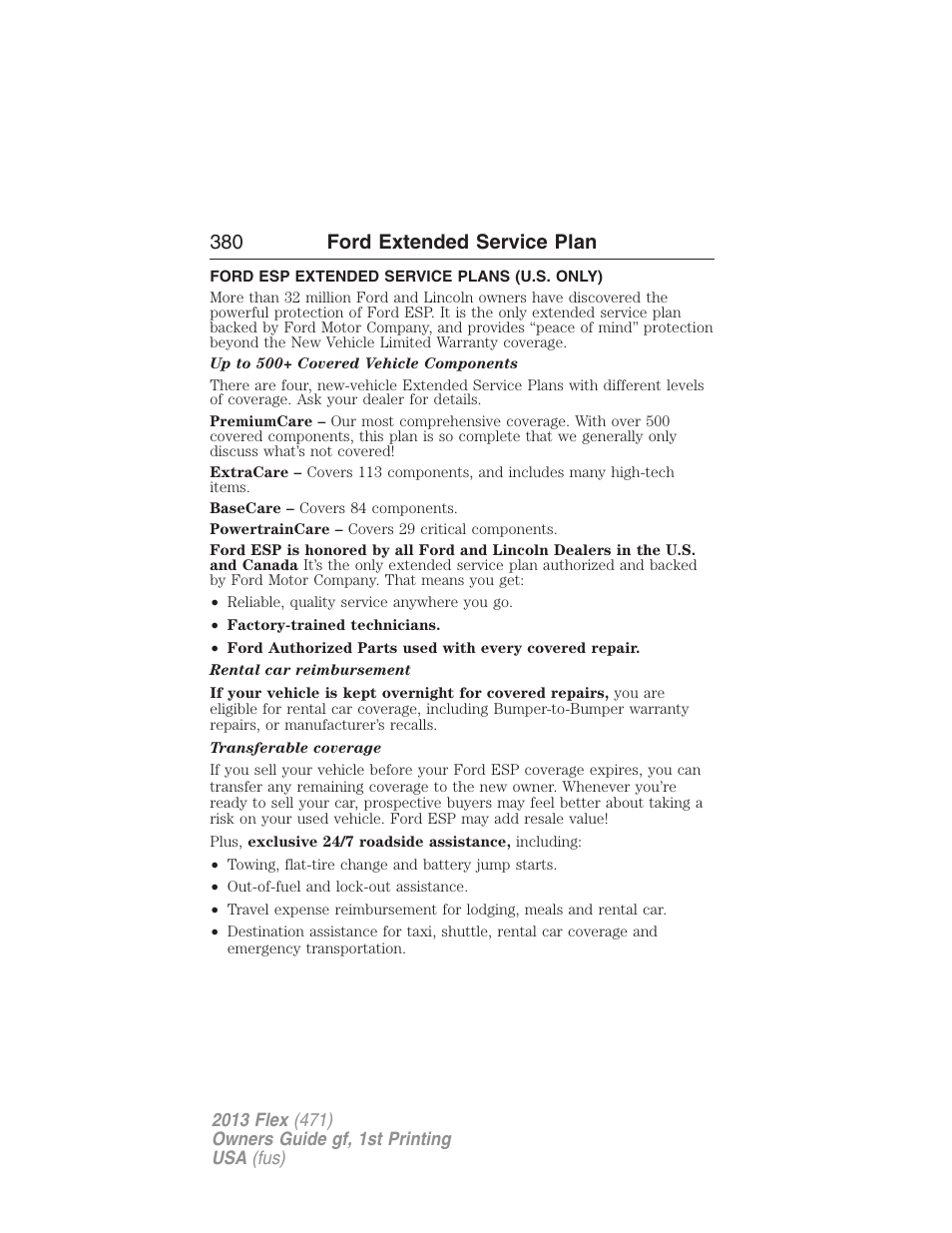 Ford extended service plan, Ford esp extended service plans (u.s. only), 380 ford extended service plan | FORD 2013 Flex v.1 User Manual | Page 380 / 558