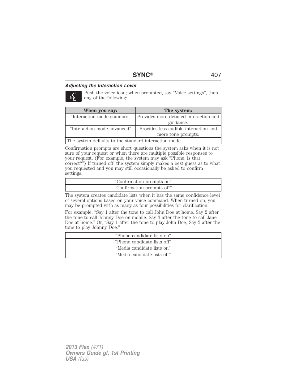 Adjusting the interaction level, Sync ா 407 | FORD 2013 Flex v.1 User Manual | Page 407 / 558