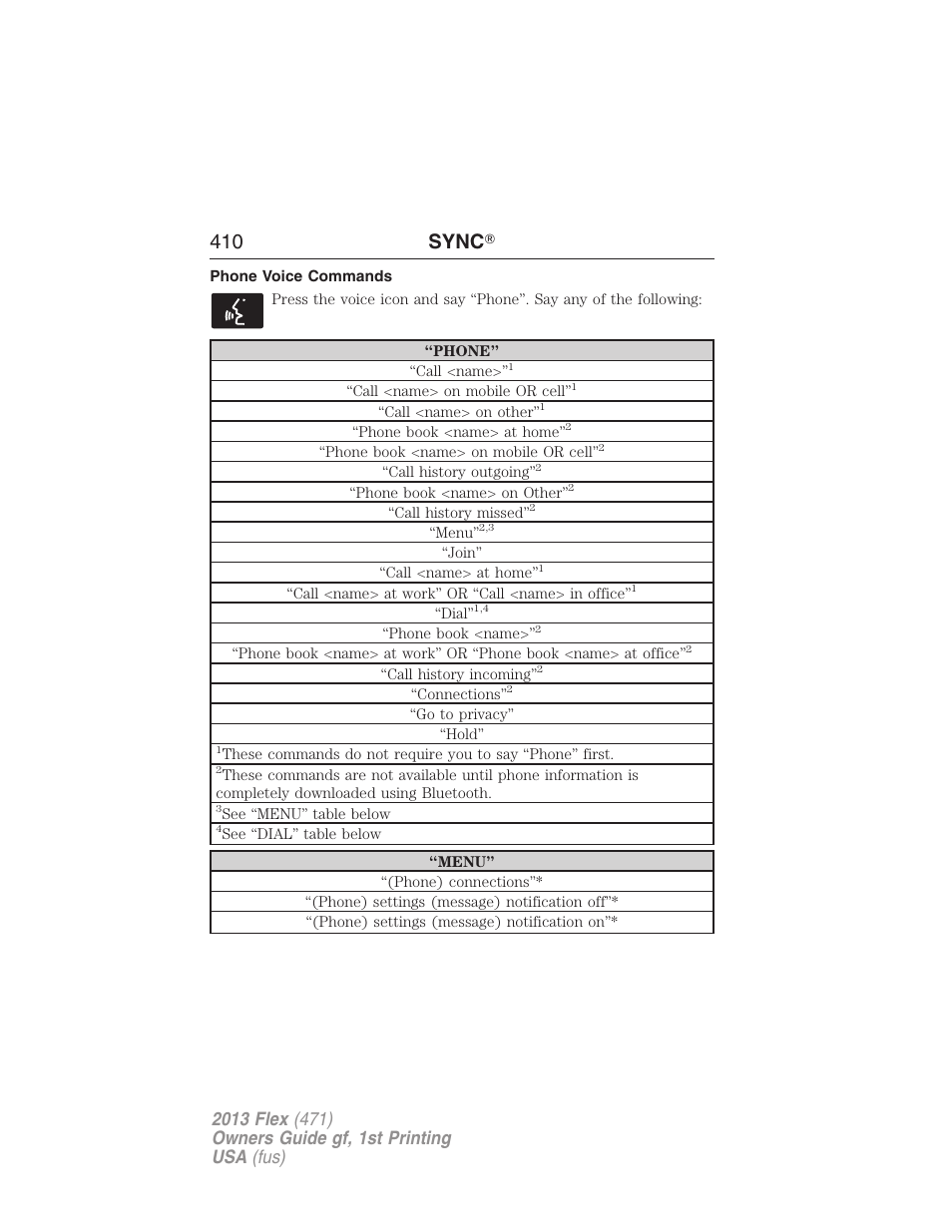 Phone voice commands, 410 sync | FORD 2013 Flex v.1 User Manual | Page 410 / 558