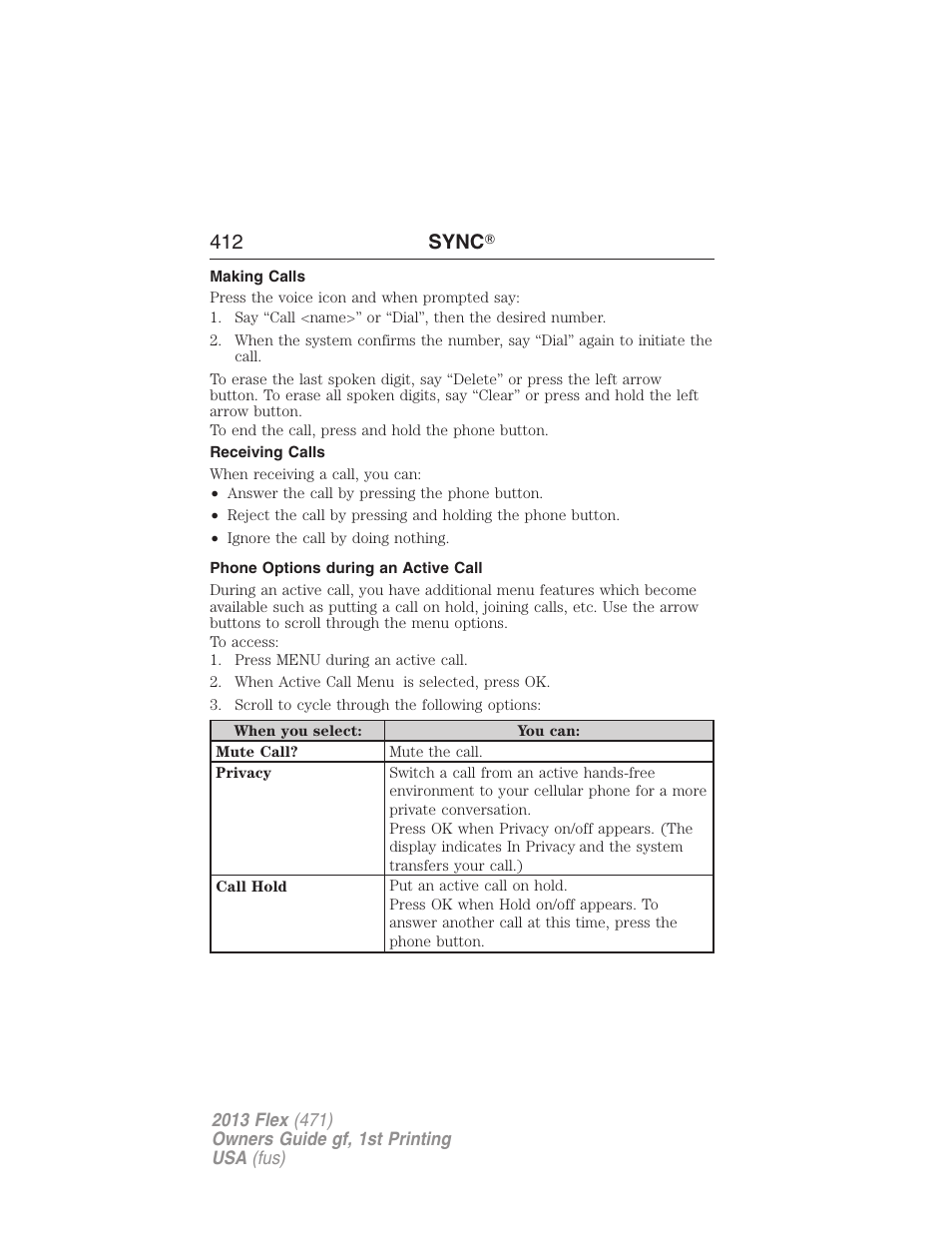 Making calls, Receiving calls, Phone options during an active call | 412 sync | FORD 2013 Flex v.1 User Manual | Page 412 / 558