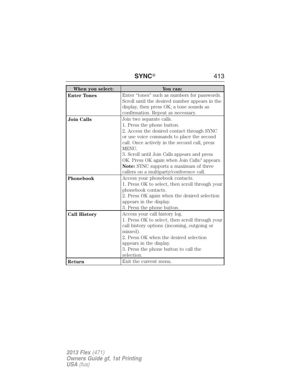 Sync ா 413 | FORD 2013 Flex v.1 User Manual | Page 413 / 558