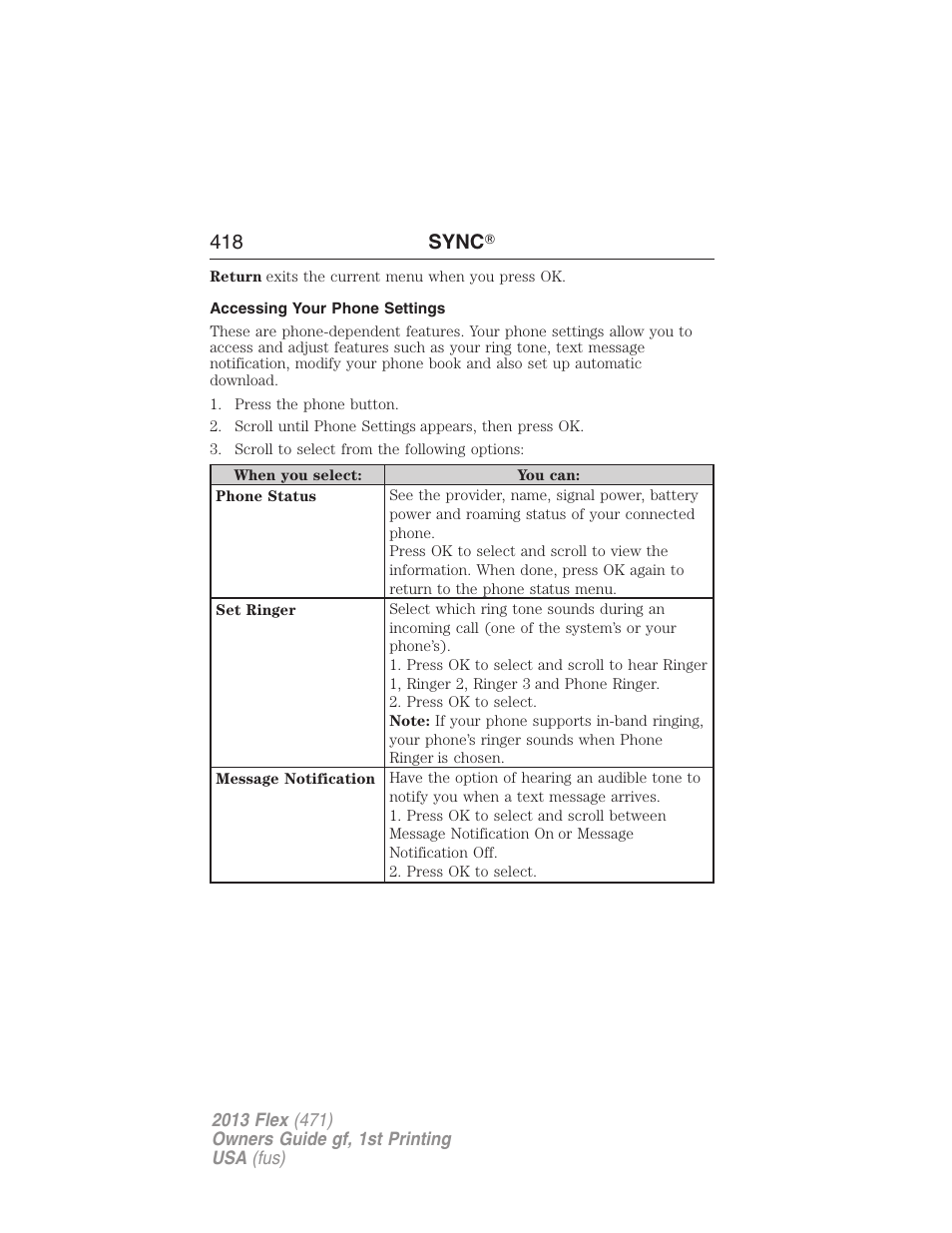 Accessing your phone settings, 418 sync | FORD 2013 Flex v.1 User Manual | Page 418 / 558