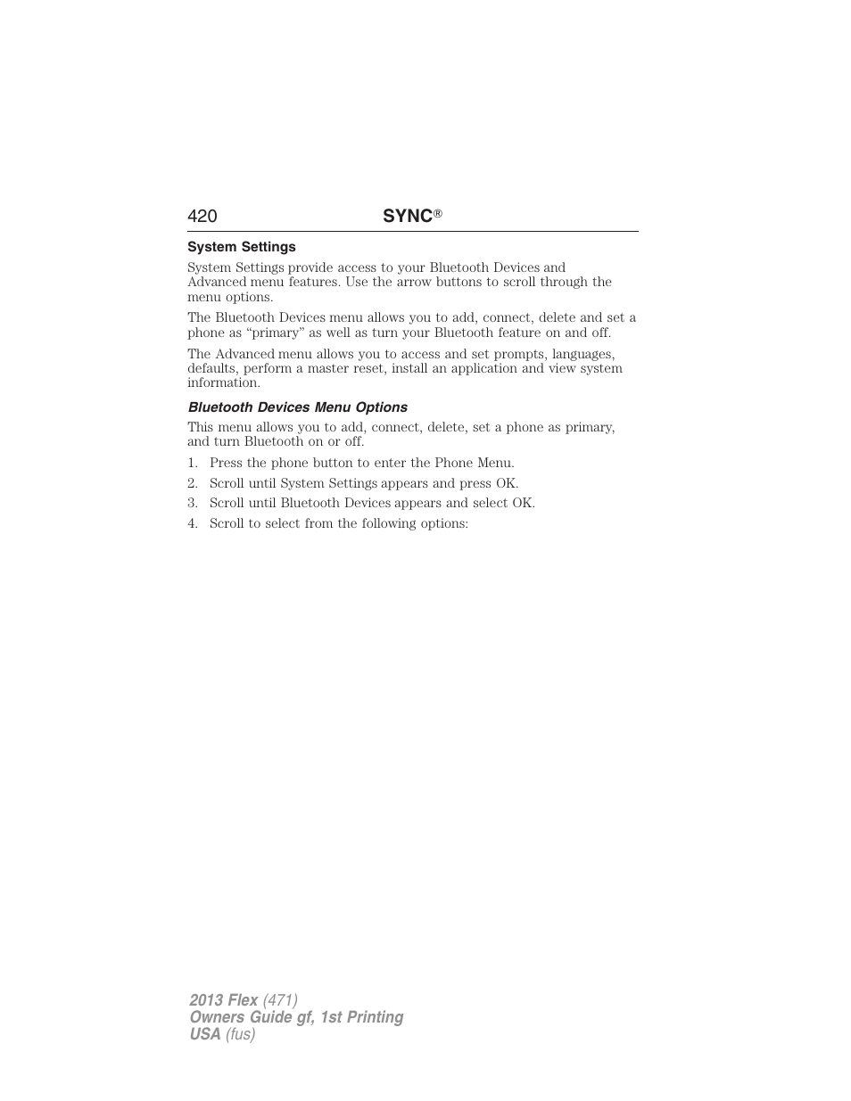 System settings, Bluetooth devices menu options, 420 sync | FORD 2013 Flex v.1 User Manual | Page 420 / 558