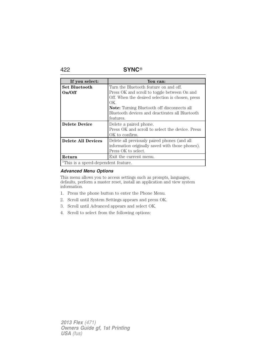 Advanced menu options, 422 sync | FORD 2013 Flex v.1 User Manual | Page 422 / 558