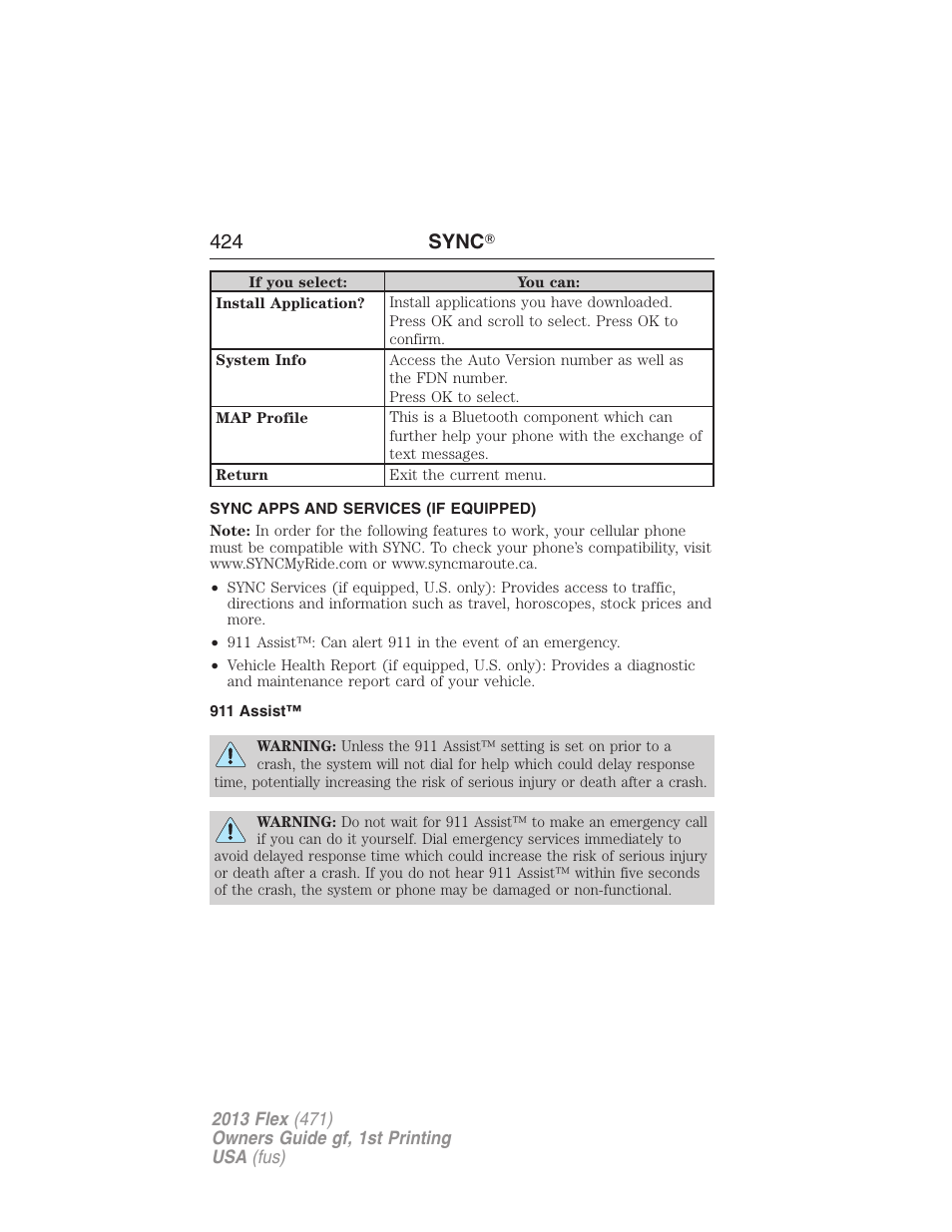 Sync apps and services (if equipped), 911 assist, 424 sync | FORD 2013 Flex v.1 User Manual | Page 424 / 558