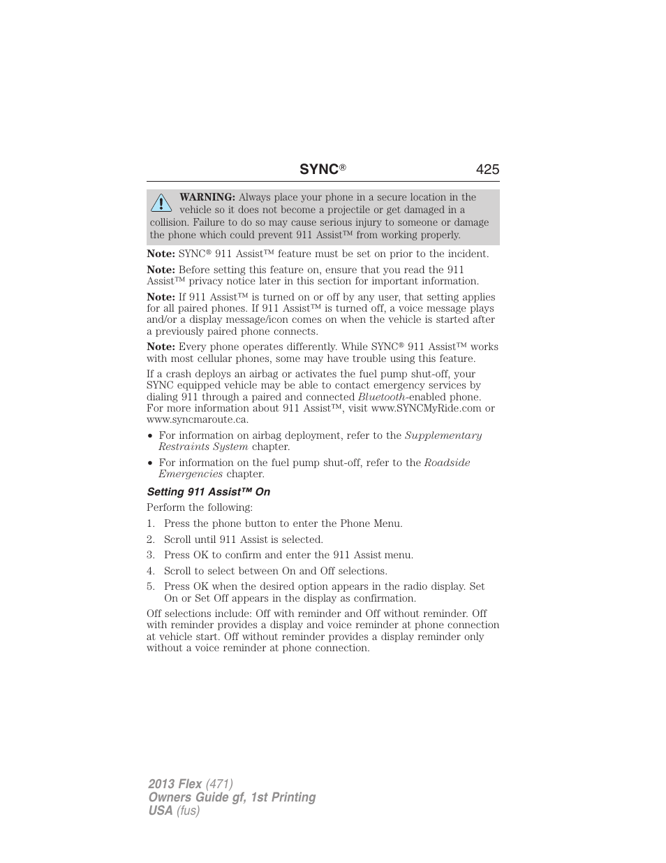 Setting 911 assist™ on, Sync ா 425 | FORD 2013 Flex v.1 User Manual | Page 425 / 558