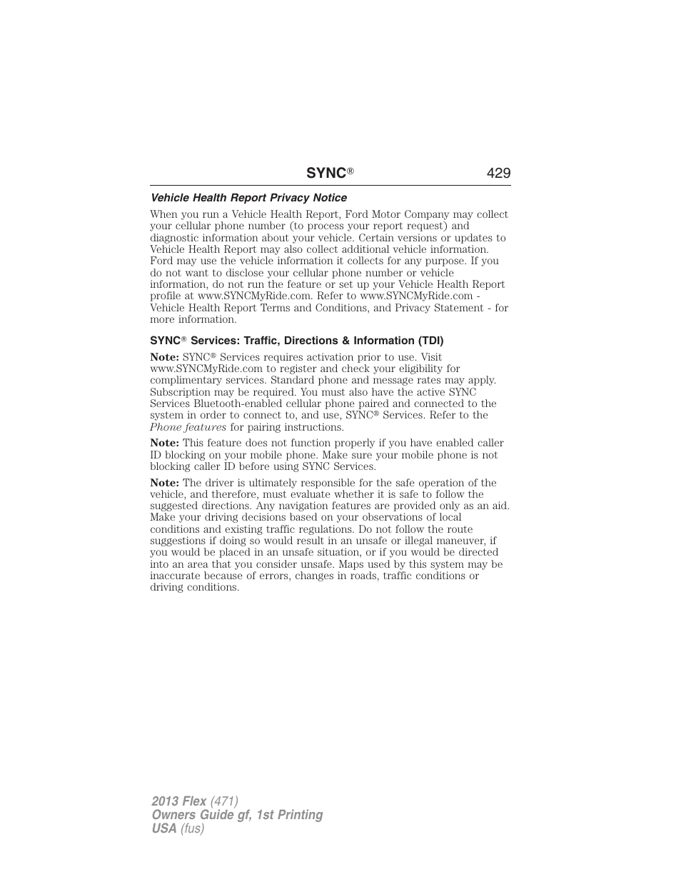 Vehicle health report privacy notice, Sync ா 429 | FORD 2013 Flex v.1 User Manual | Page 429 / 558