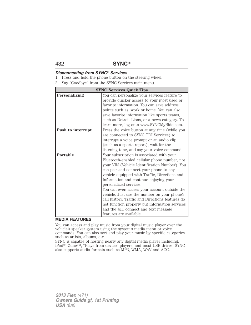 Disconnecting from sync? services, Media features, 432 sync | FORD 2013 Flex v.1 User Manual | Page 432 / 558