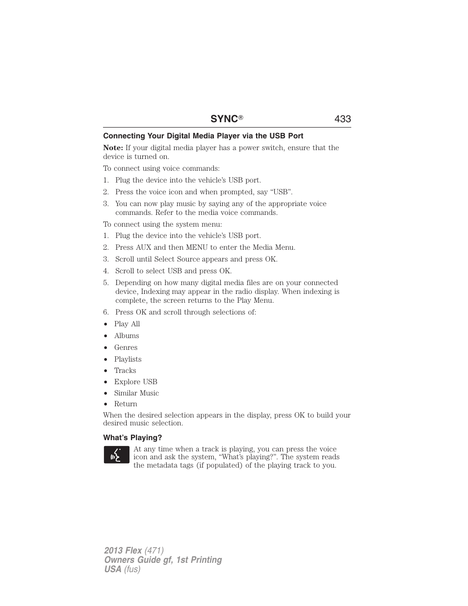 What’s playing, Sync ா 433 | FORD 2013 Flex v.1 User Manual | Page 433 / 558