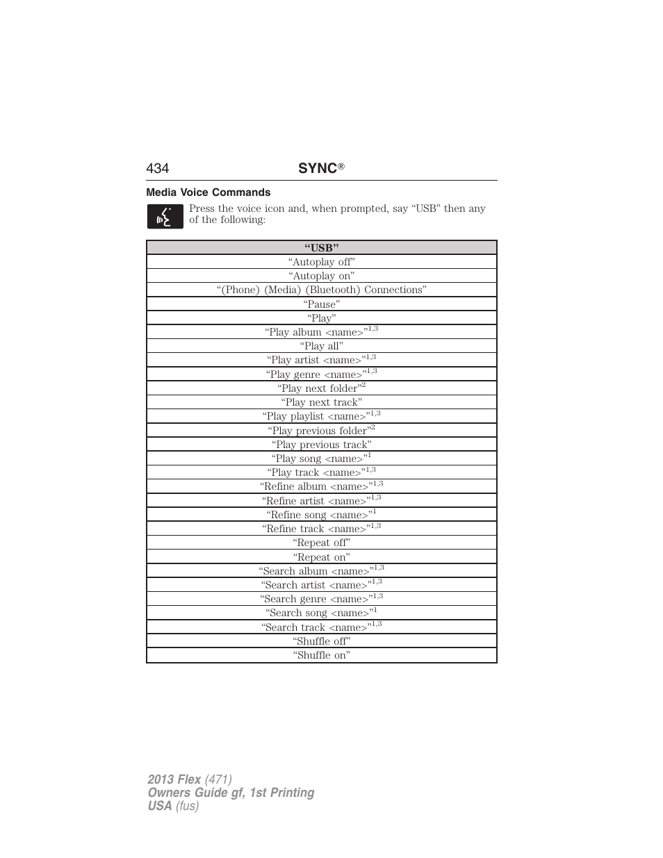 Media voice commands, 434 sync | FORD 2013 Flex v.1 User Manual | Page 434 / 558