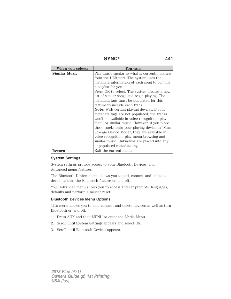 System settings, Bluetooth devices menu options, Sync ா 441 | FORD 2013 Flex v.1 User Manual | Page 441 / 558