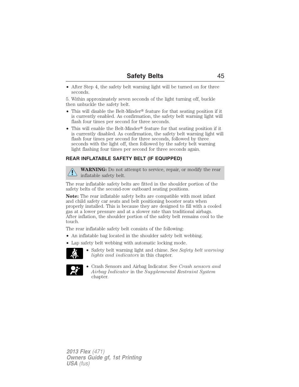 Rear inflatable safety belt (if equipped), Rear inflatable safety belt, Safety belts 45 | FORD 2013 Flex v.1 User Manual | Page 45 / 558