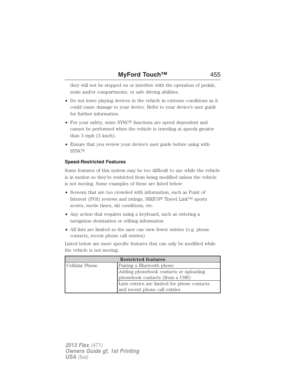 Speed-restricted features, Myford touch™ 455 | FORD 2013 Flex v.1 User Manual | Page 455 / 558