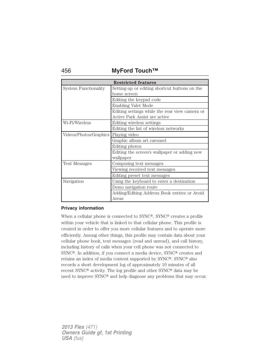 Privacy information, 456 myford touch | FORD 2013 Flex v.1 User Manual | Page 456 / 558