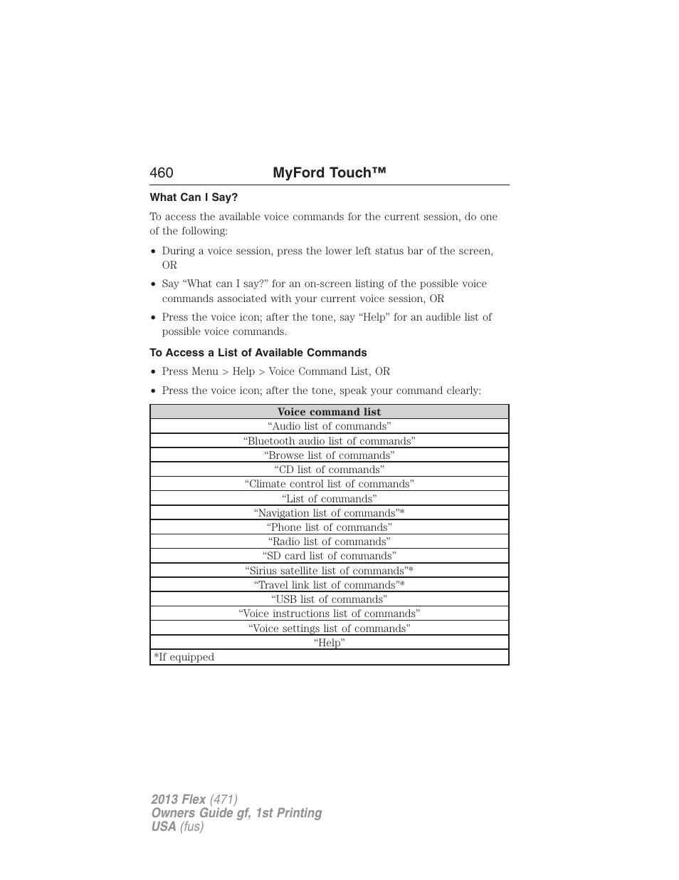 What can i say, To access a list of available commands, 460 myford touch | FORD 2013 Flex v.1 User Manual | Page 460 / 558