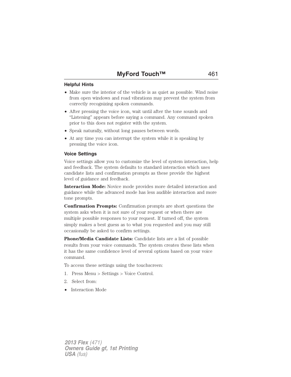 Helpful hints, Voice settings, Myford touch™ 461 | FORD 2013 Flex v.1 User Manual | Page 461 / 558