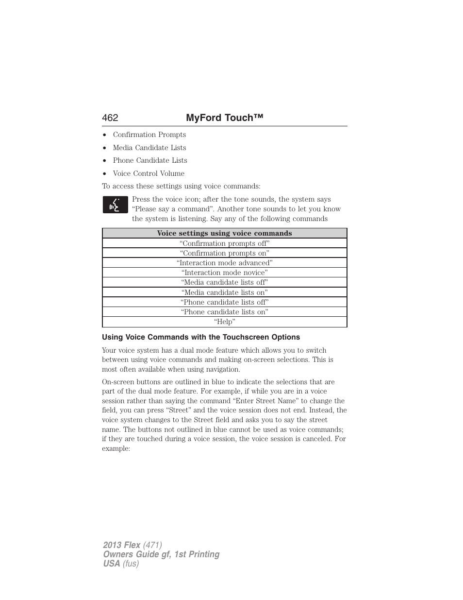 Using voice commands with the touchscreen options, 462 myford touch | FORD 2013 Flex v.1 User Manual | Page 462 / 558