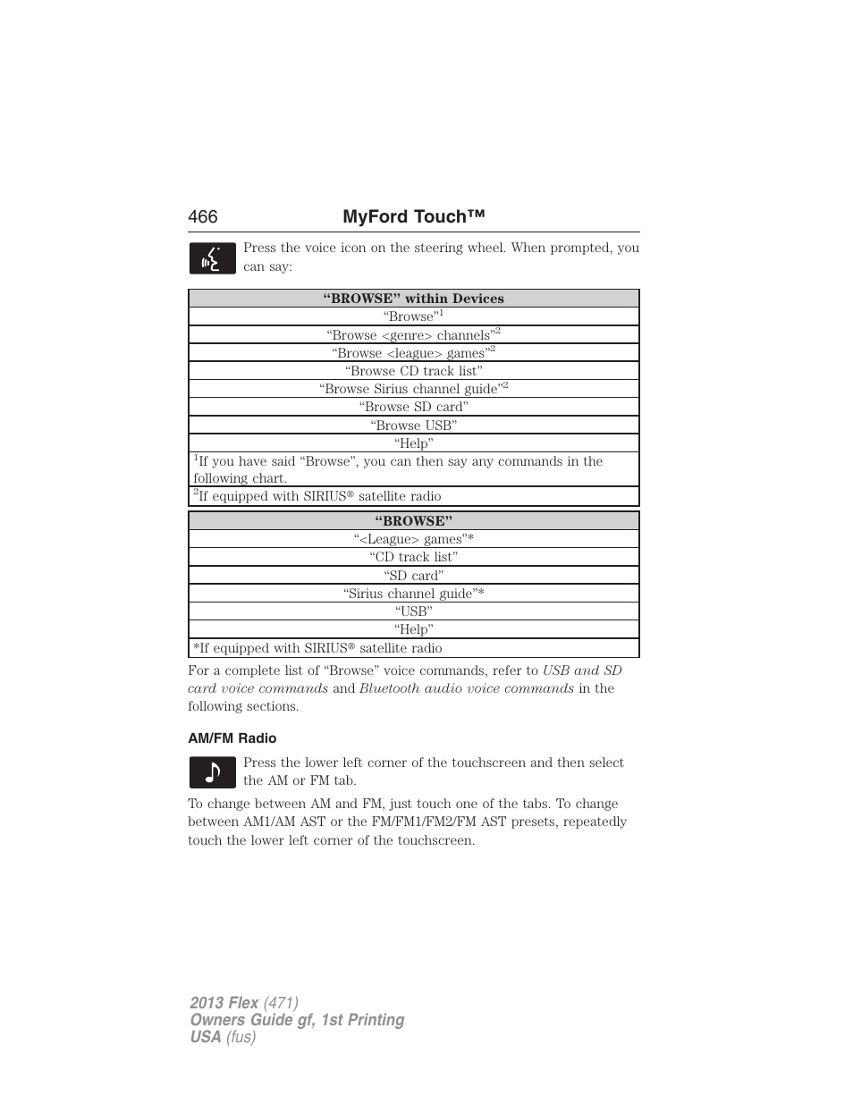 Am/fm radio, 466 myford touch | FORD 2013 Flex v.1 User Manual | Page 466 / 558