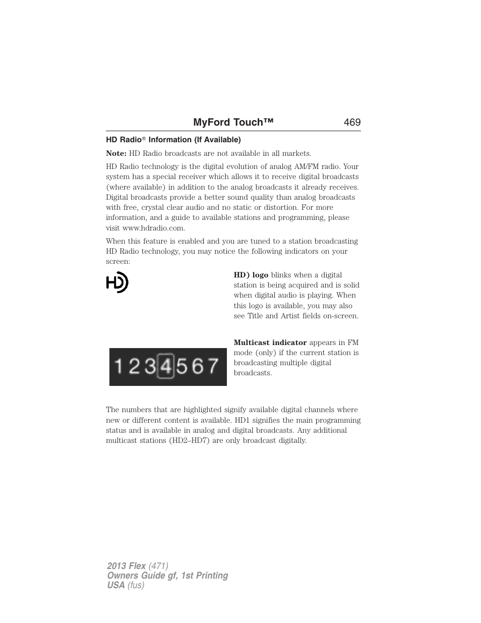 Hd radio? information (if available), Myford touch™ 469 | FORD 2013 Flex v.1 User Manual | Page 469 / 558