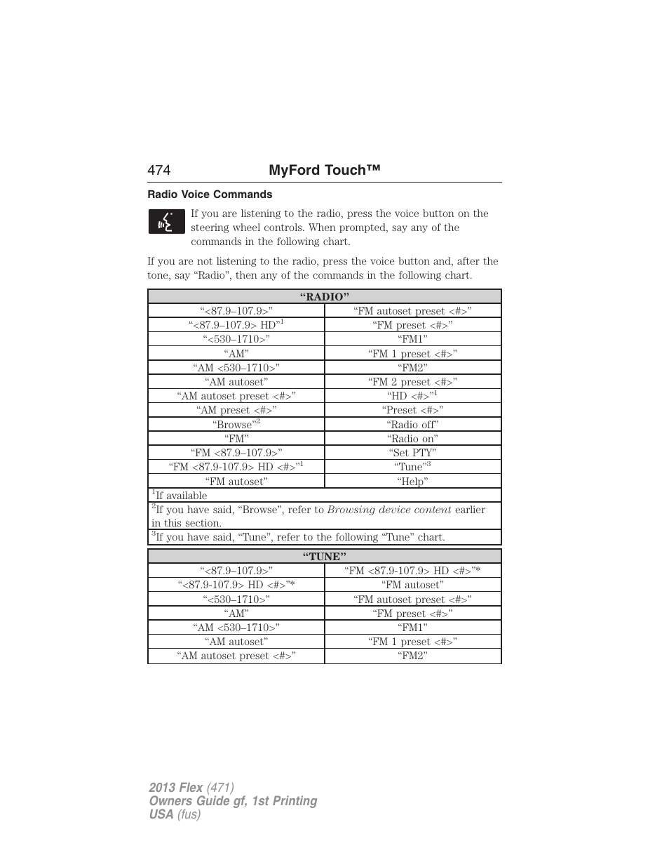 Radio voice commands, 474 myford touch | FORD 2013 Flex v.1 User Manual | Page 474 / 558