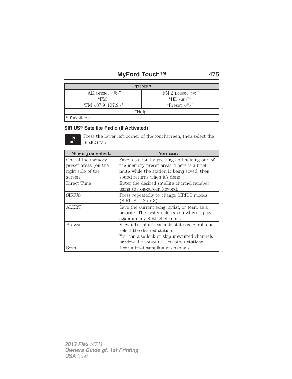 Sirius? satellite radio (if activated), Myford touch™ 475 | FORD 2013 Flex v.1 User Manual | Page 475 / 558