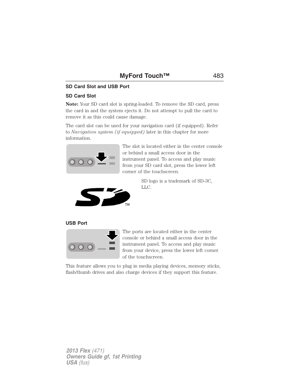 Sd card slot and usb port, Sd card slot, Usb port | Myford touch™ 483 | FORD 2013 Flex v.1 User Manual | Page 483 / 558