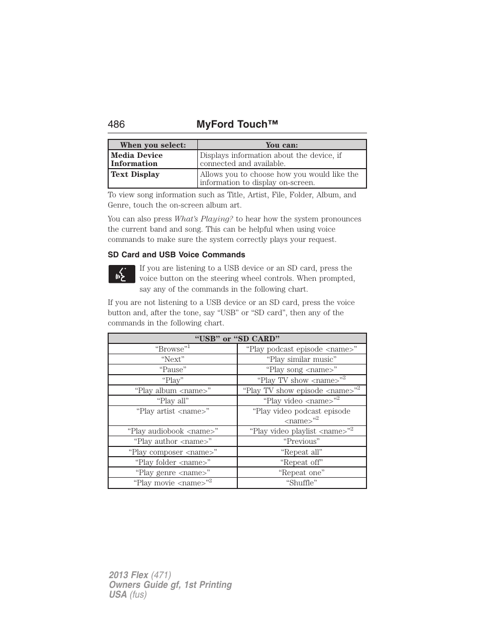 Sd card and usb voice commands, 486 myford touch | FORD 2013 Flex v.1 User Manual | Page 486 / 558