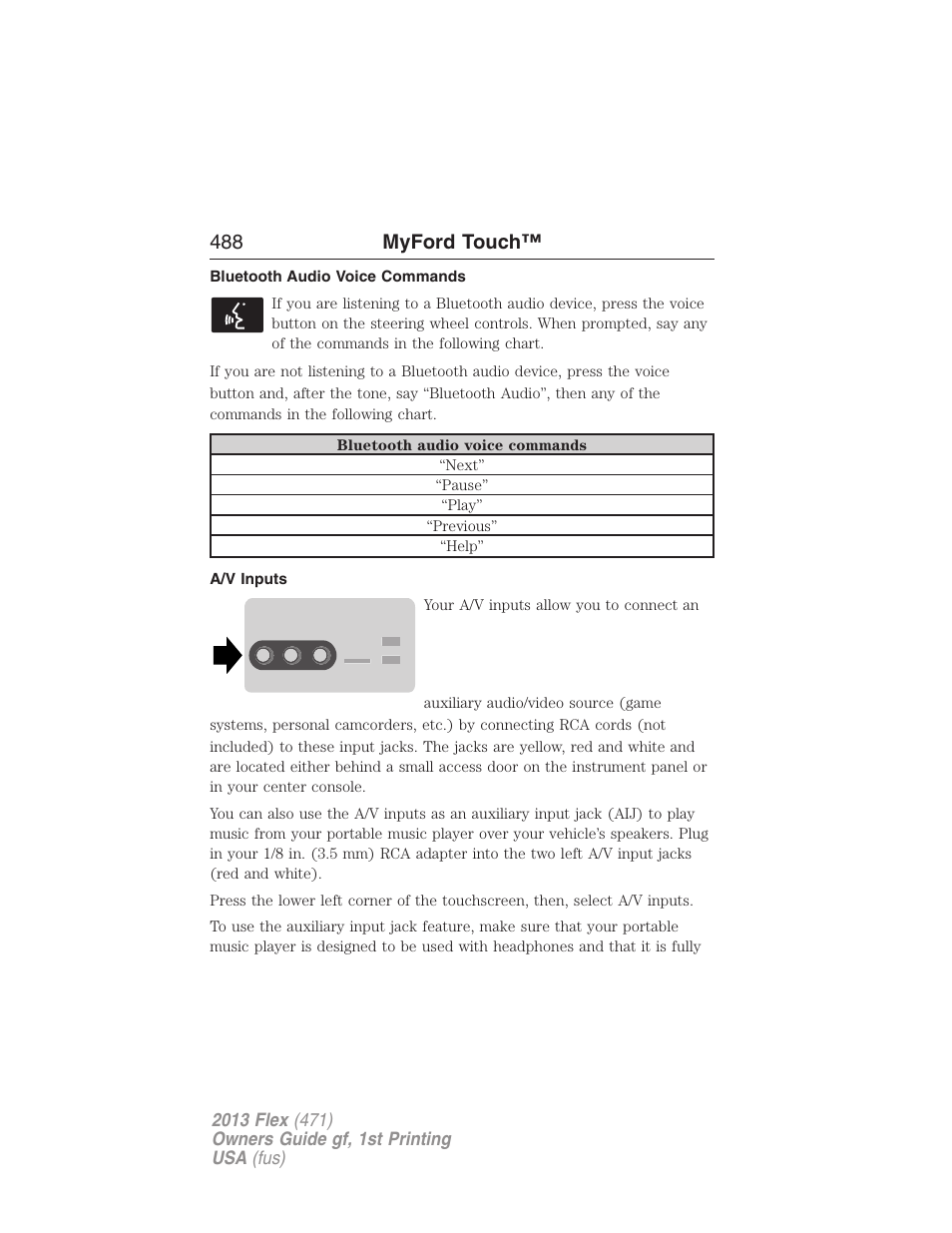 Bluetooth audio voice commands, A/v inputs, 488 myford touch | FORD 2013 Flex v.1 User Manual | Page 488 / 558