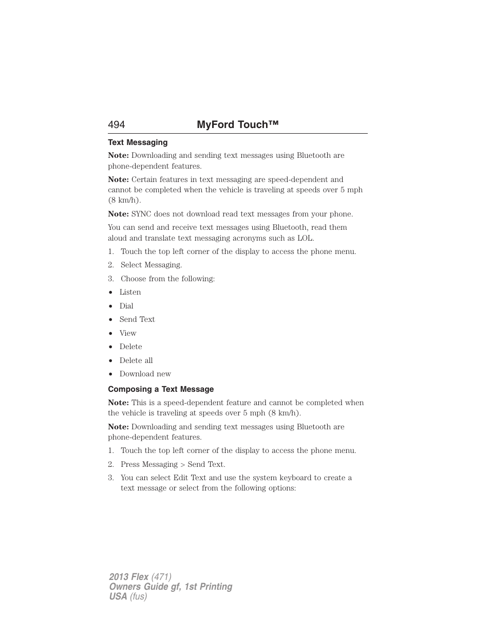 Text messaging, Composing a text message, 494 myford touch | FORD 2013 Flex v.1 User Manual | Page 494 / 558