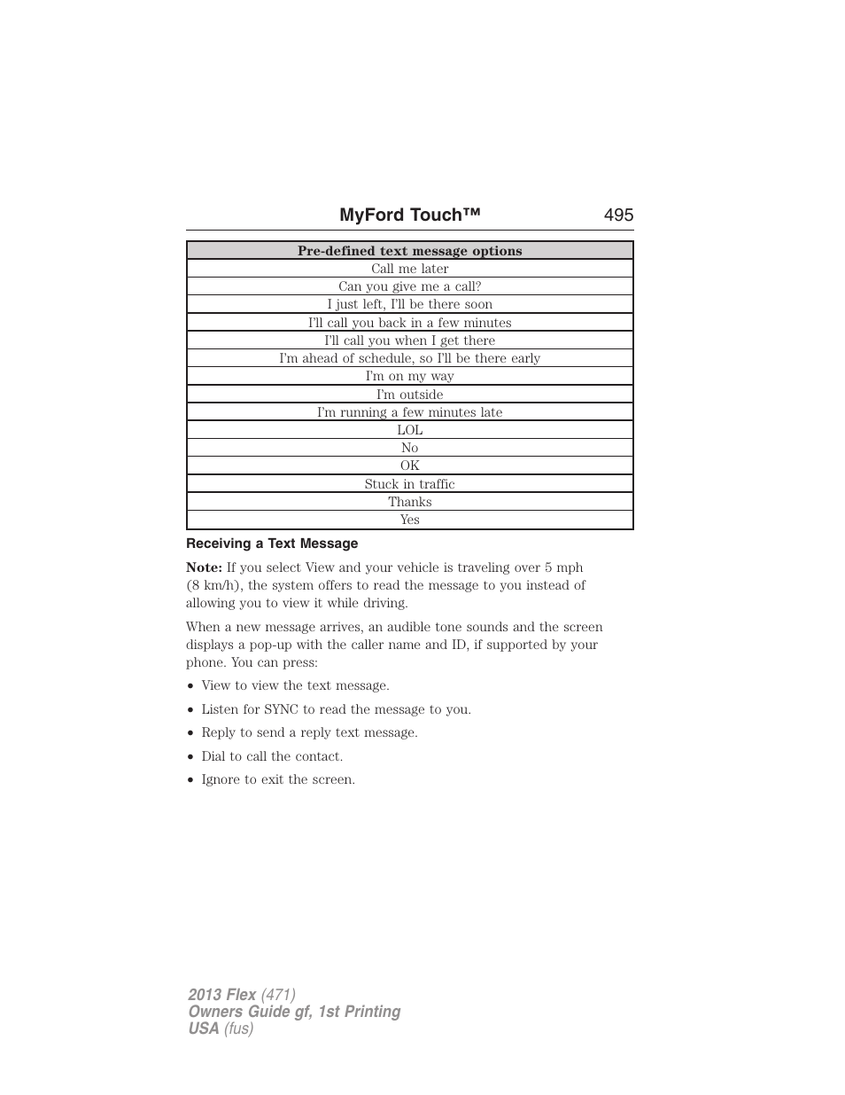 Receiving a text message, Myford touch™ 495 | FORD 2013 Flex v.1 User Manual | Page 495 / 558