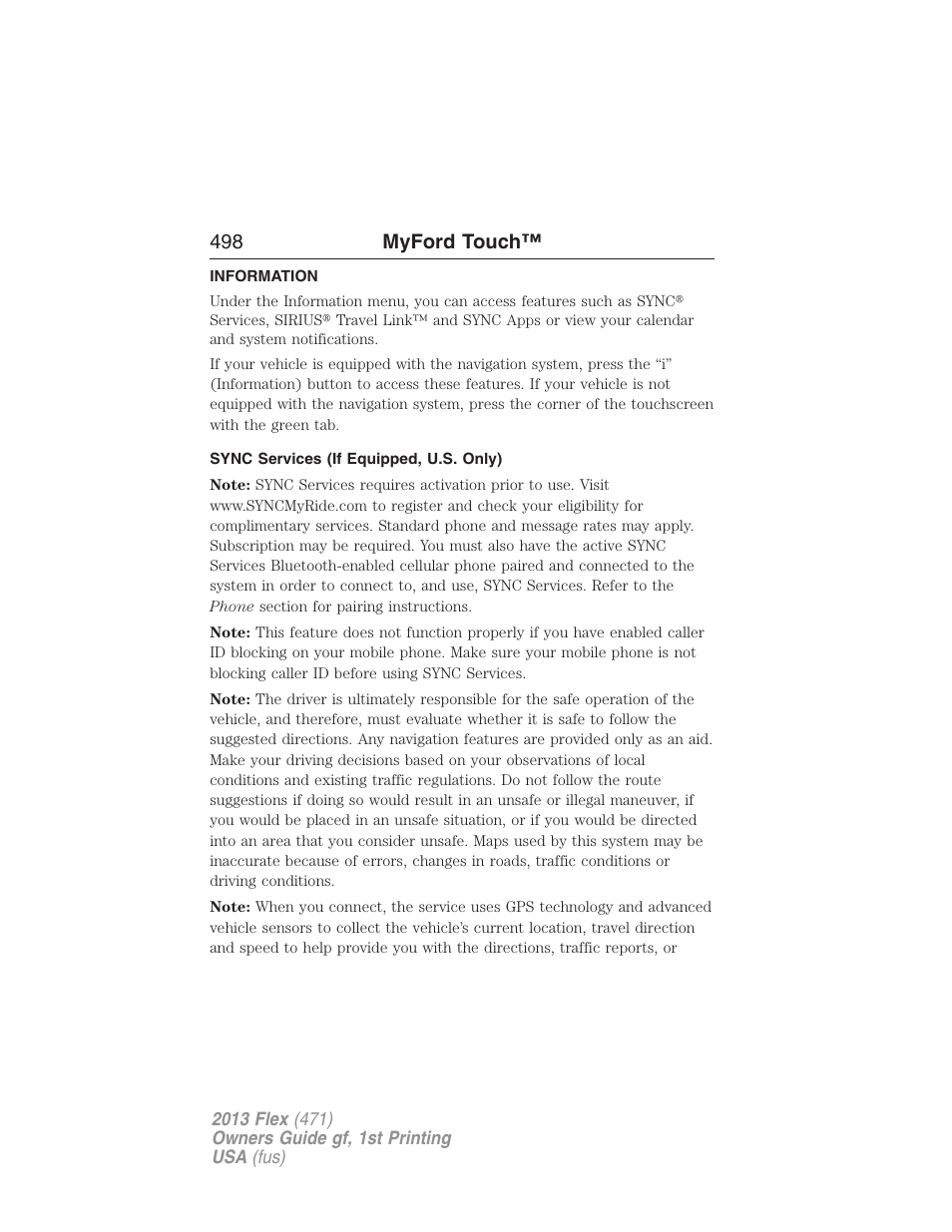 Information, Sync services (if equipped, u.s. only), Information menu | 498 myford touch | FORD 2013 Flex v.1 User Manual | Page 498 / 558