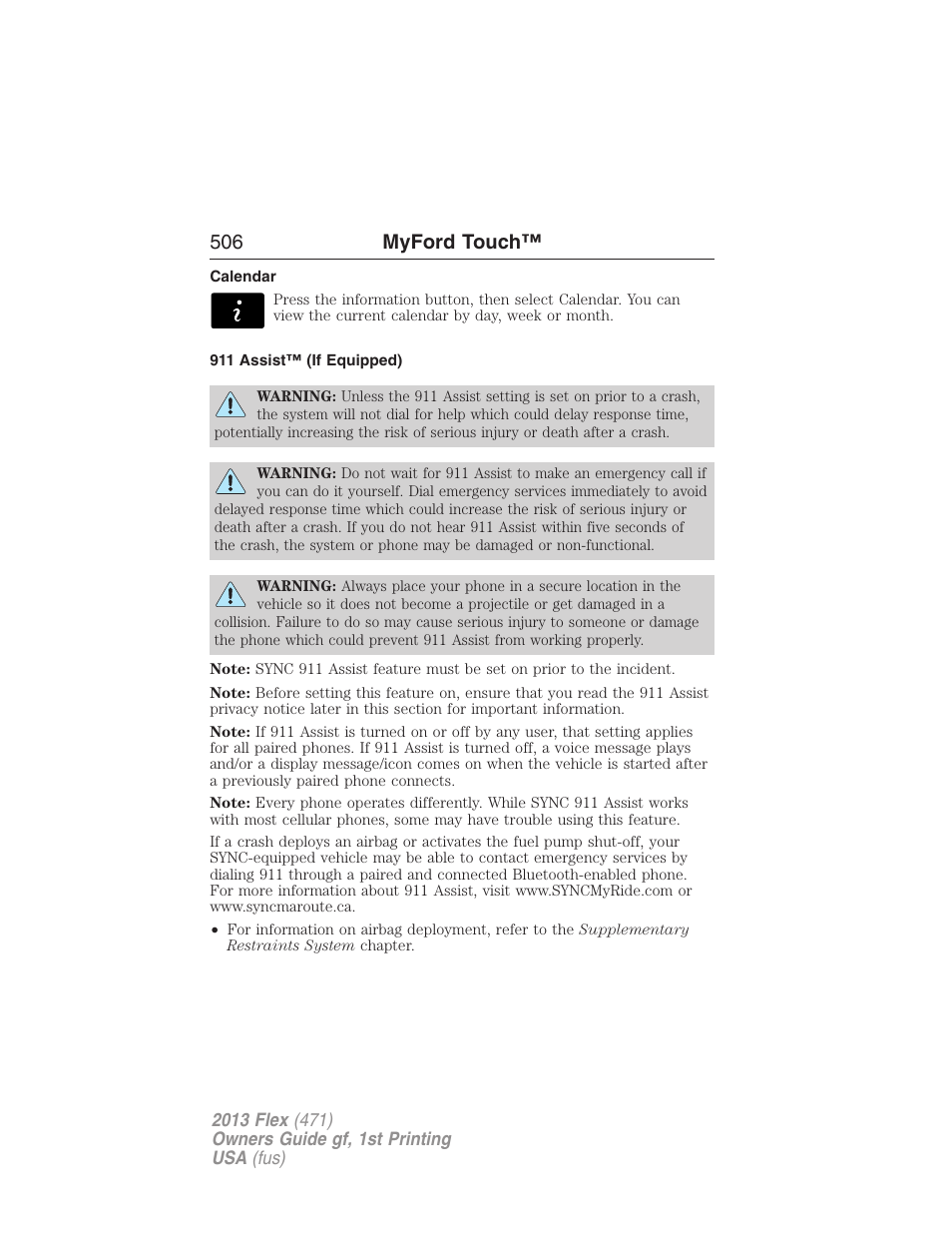 Calendar, 911 assist™ (if equipped), 506 myford touch | FORD 2013 Flex v.1 User Manual | Page 506 / 558