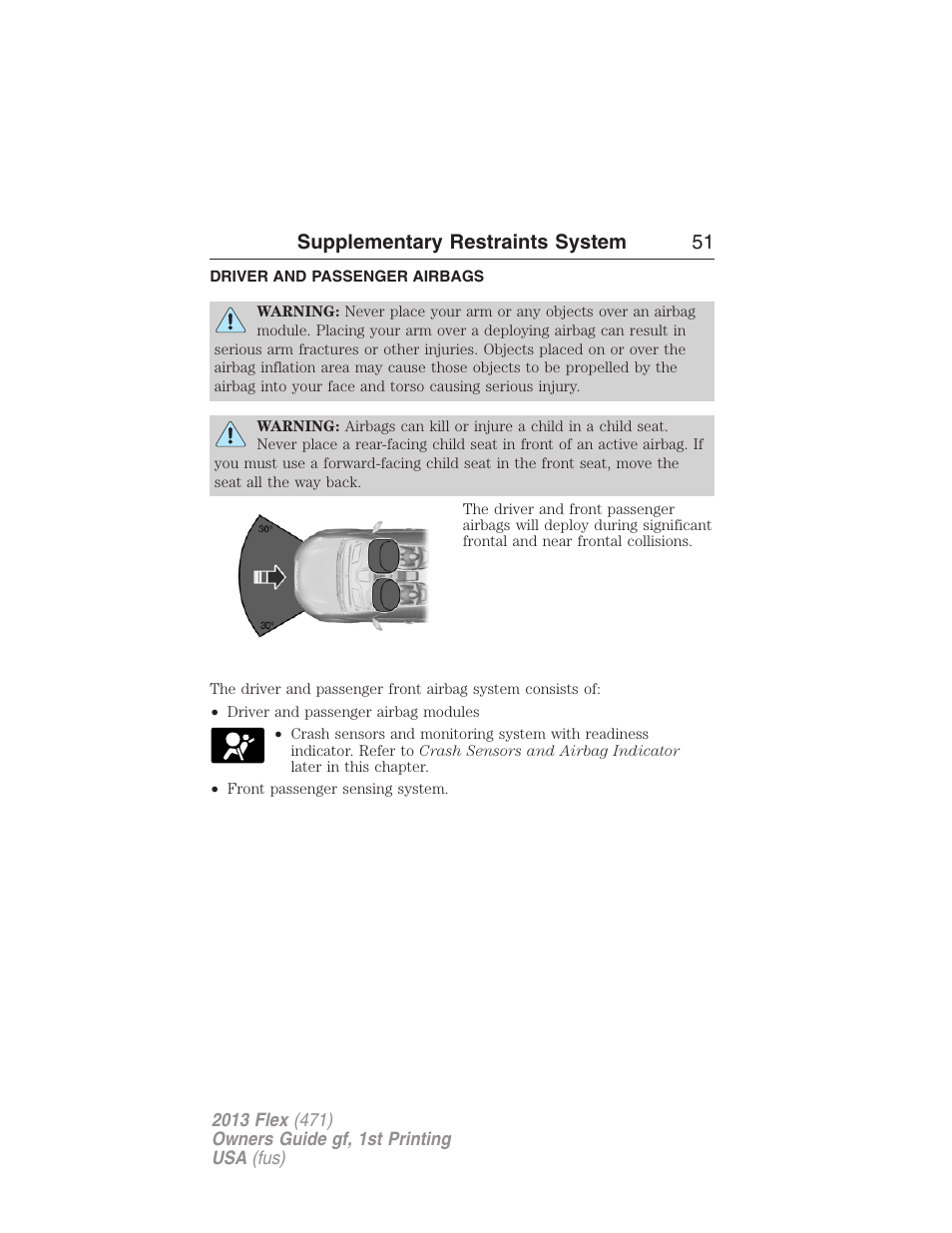 Driver and passenger airbags, Supplementary restraints system 51 | FORD 2013 Flex v.1 User Manual | Page 51 / 558