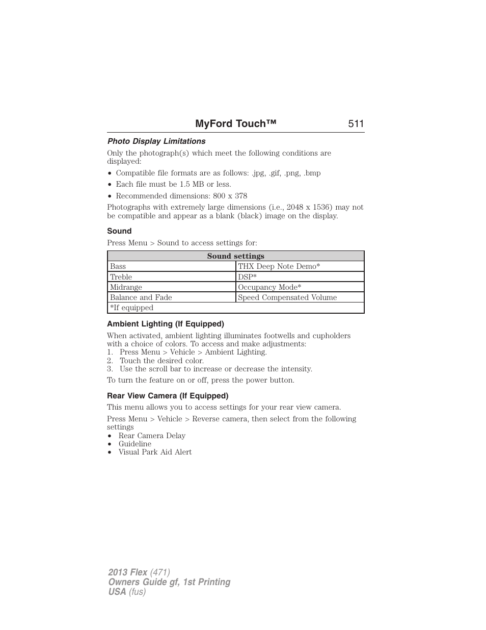Photo display limitations, Sound, Ambient lighting (if equipped) | Rear view camera (if equipped), Myford touch™ 511 | FORD 2013 Flex v.1 User Manual | Page 511 / 558