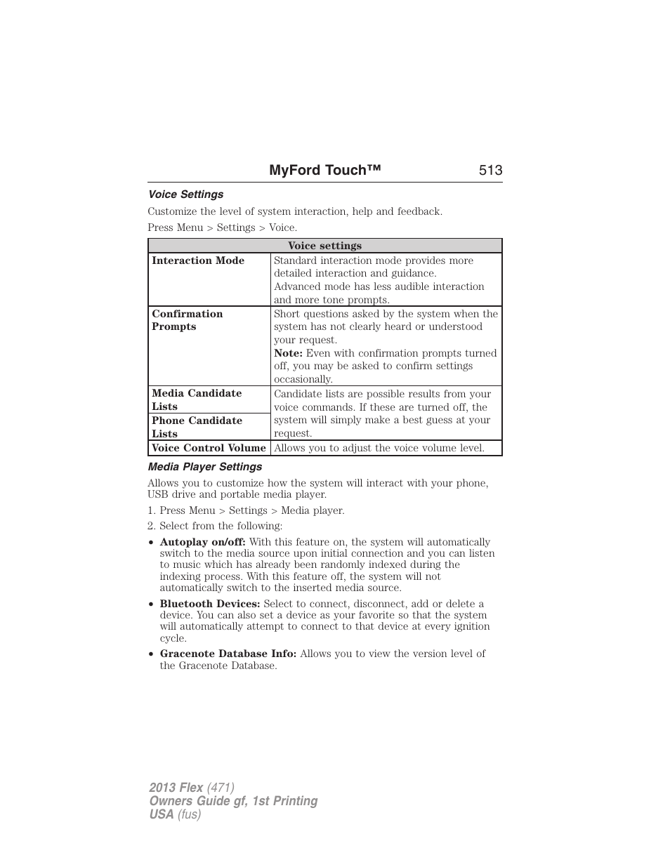 Voice settings, Media player settings, Myford touch™ 513 | FORD 2013 Flex v.1 User Manual | Page 513 / 558